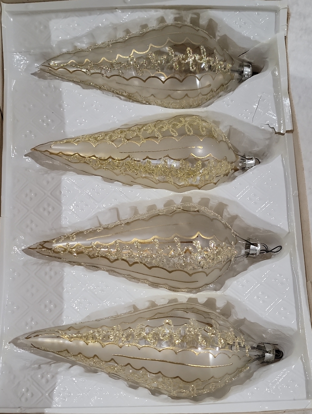 Vintage Set of 4 Gold and Cream Jamd Painted Teardrop Holiday Ornaments Romania